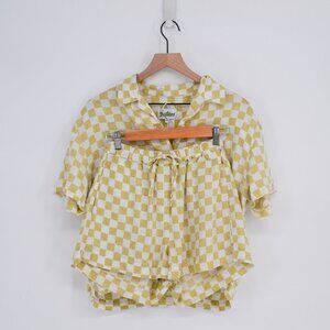 Holiday The Label Jo Checkered Shirt and Shorts Linen Pajama Set Cream Green S